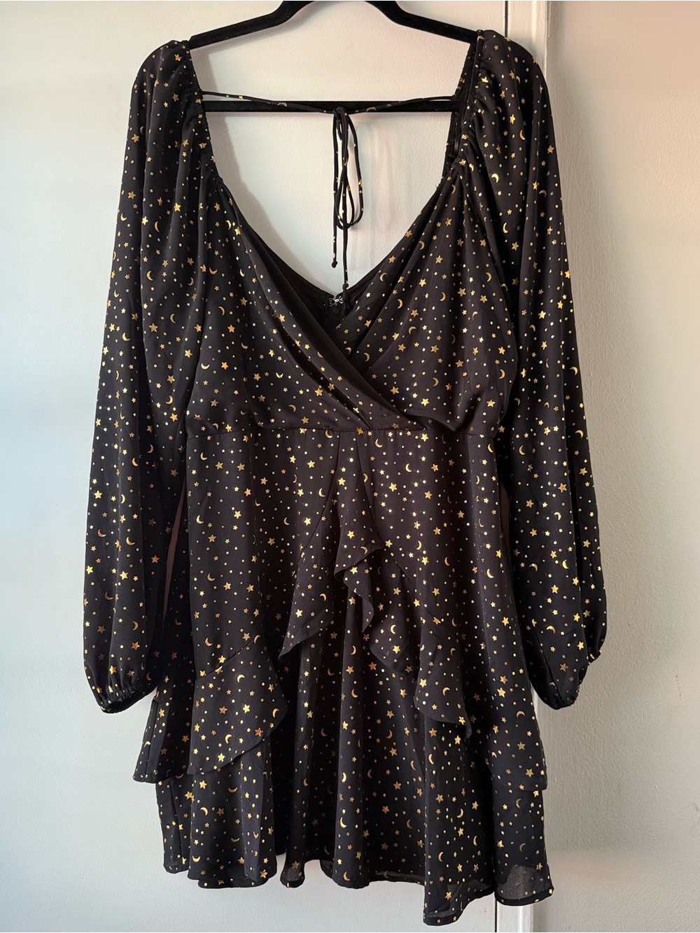 Mi Ami for Francesca’s Celestial Black Gold Moon Stars Tier Dress Large $58
